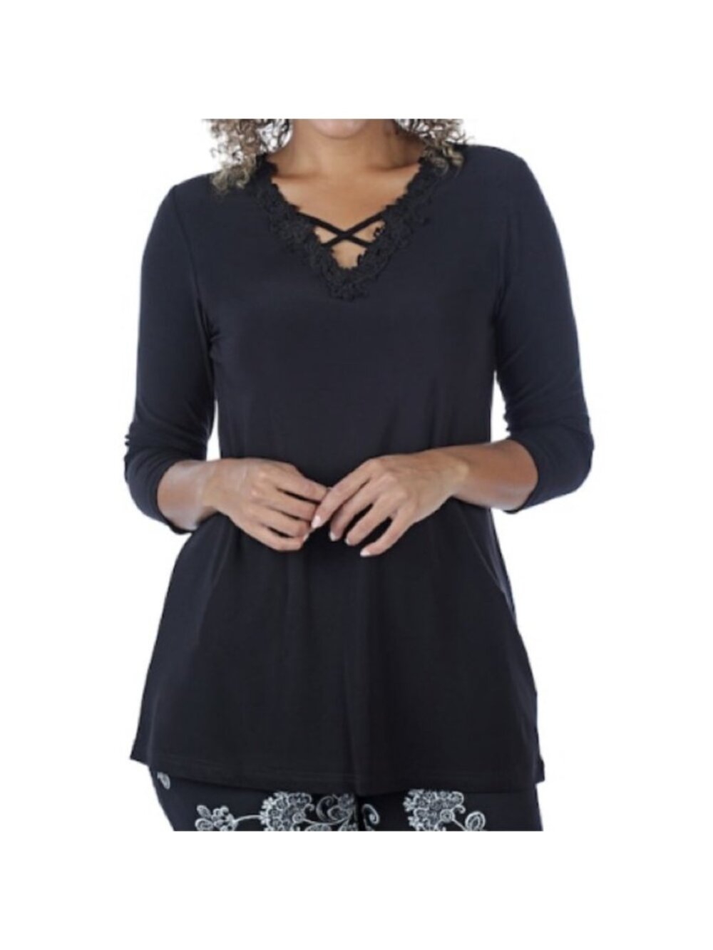 NEW Nina Leonard Black Crochet Neckline Top Size Small